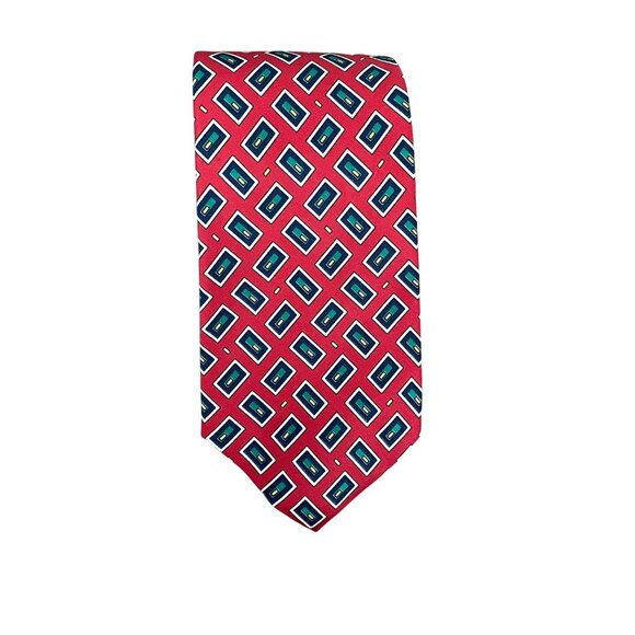Polo By Ralph Lauren Red Geometric Diamond 100% Silk Mens Tie Handmade in USA - Picture 1 of 4